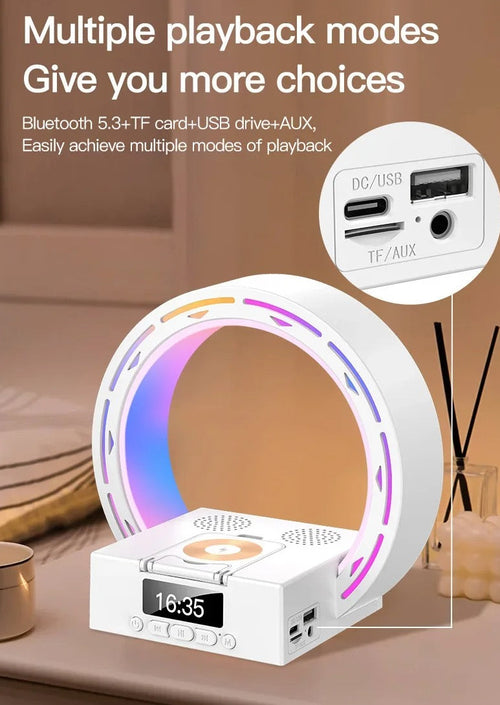 4 In 1 Wireless Bluetooth-compatible Speaker Charging Pad Bedside Lamp With Alarm Clock Wake-Up Light For Bedroom Support USB Drive TF Card