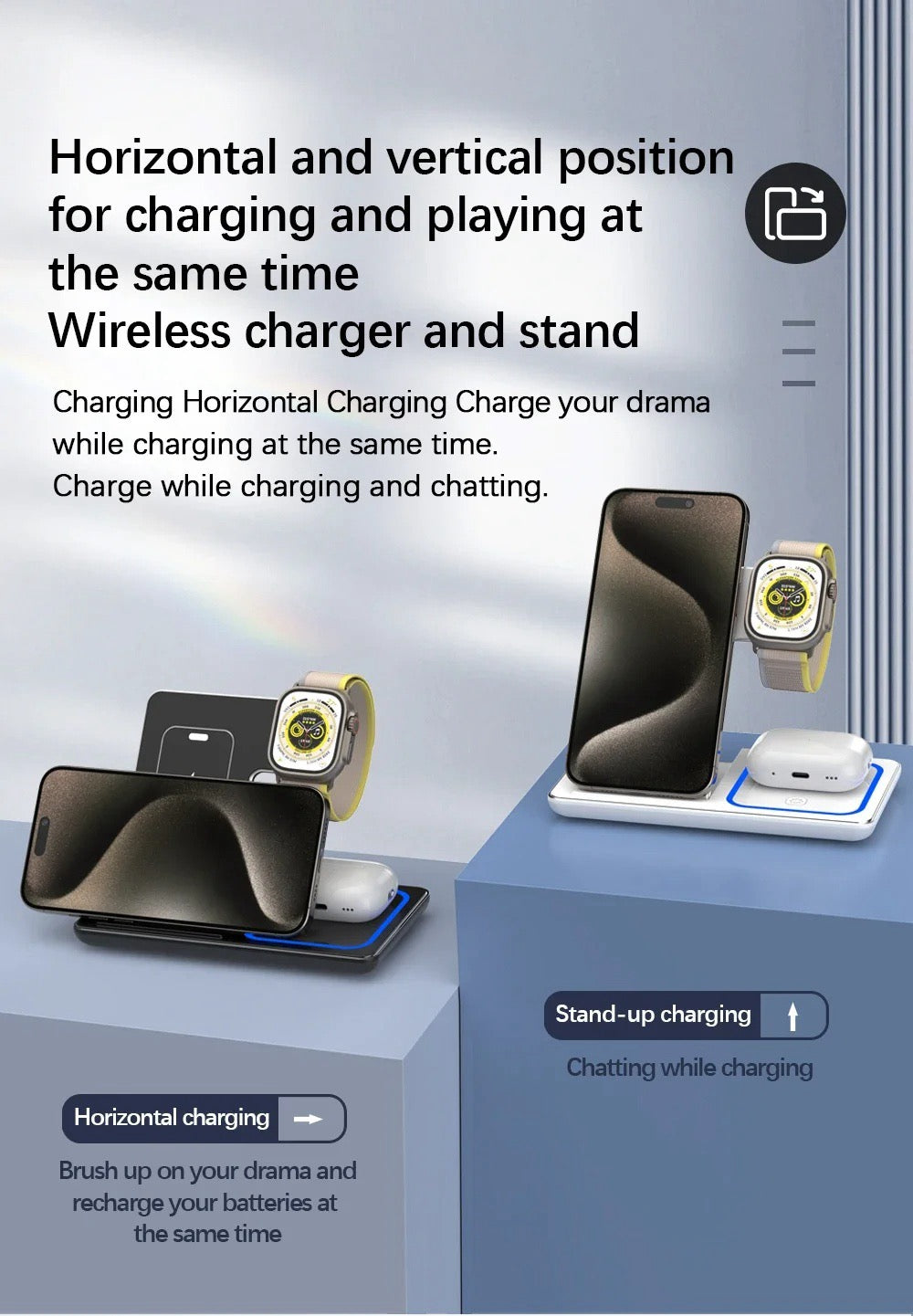 15W 3 In 1 LED Fast Wireless Charger Stand Foldable Charging Station For Smart Phone 15 14 13 12 11 IWatch 9 8 7 6 5 Airpods Pro
